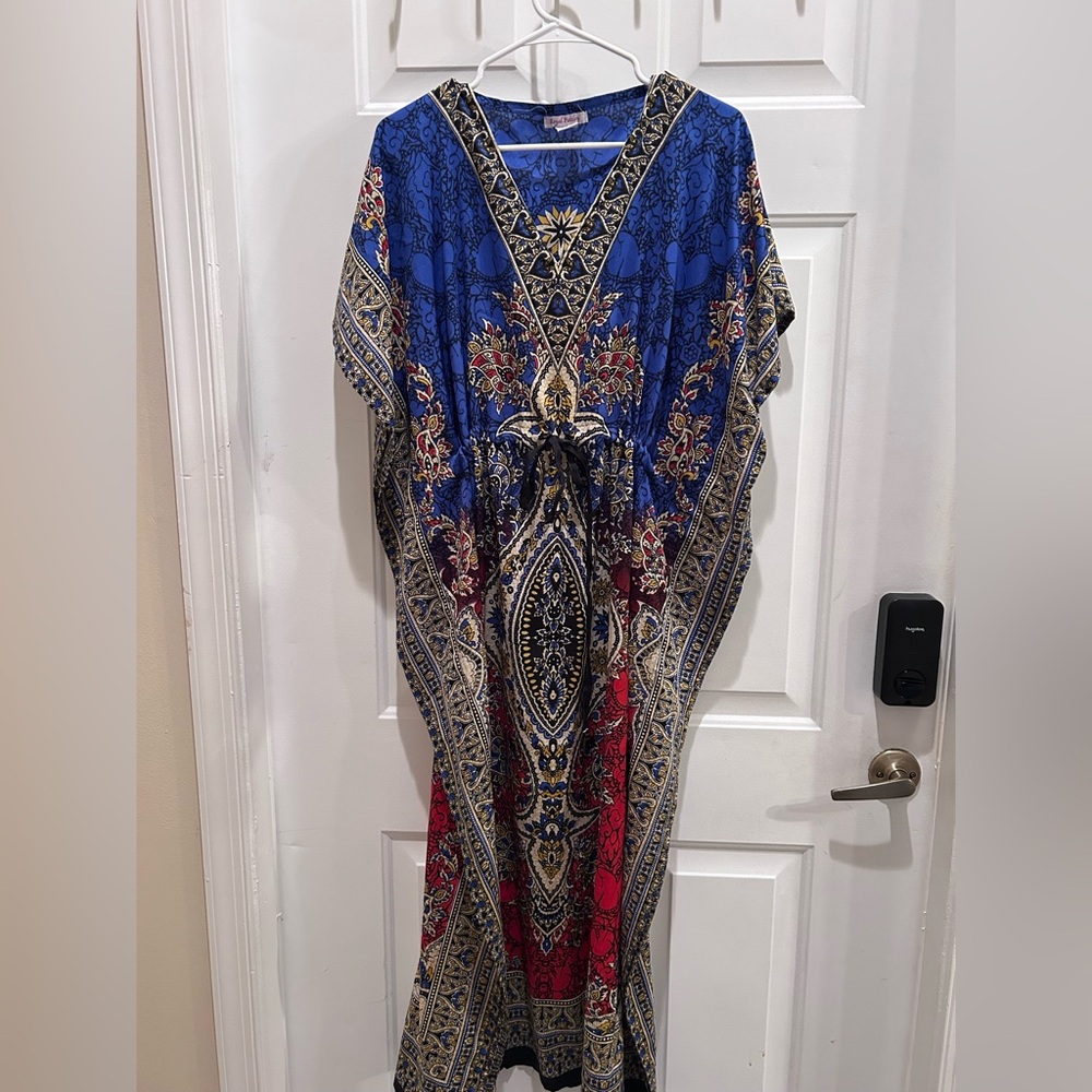 Vibrant Blue and Red Patterned Kaftan Dress